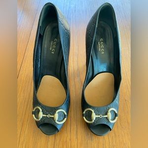 Black Gucci Logo Peep Toe Heels